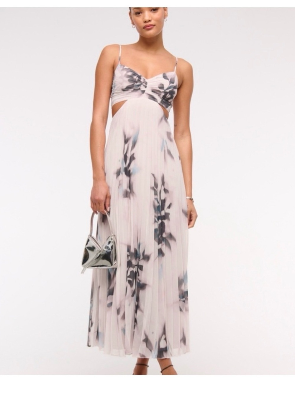 Abercrombie & Fitch Pleated Floral Maxi Dress in Blush Pink and Navy